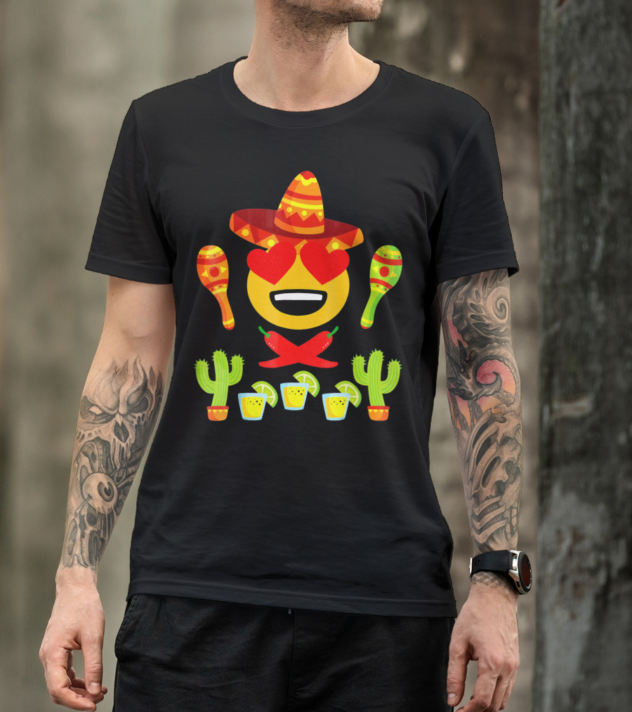 Fiesta Cinco De Mayo Emoji Heart Eyes Sombrero Maracas Cactus Peppers Margaritas T-Shirt