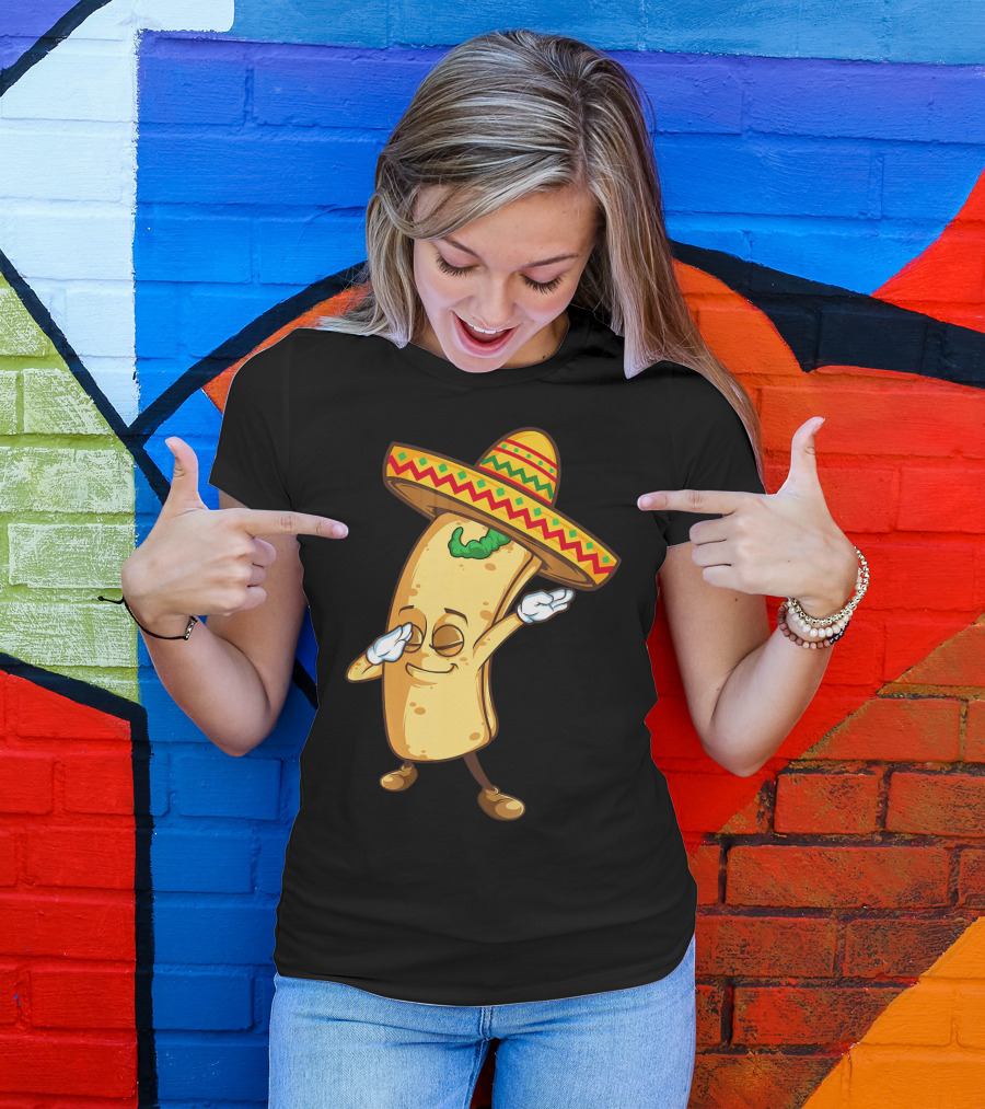 Funny Dabbing Burrito Mexican Cinco De Mayo Sombrero Cartoon T-Shirt