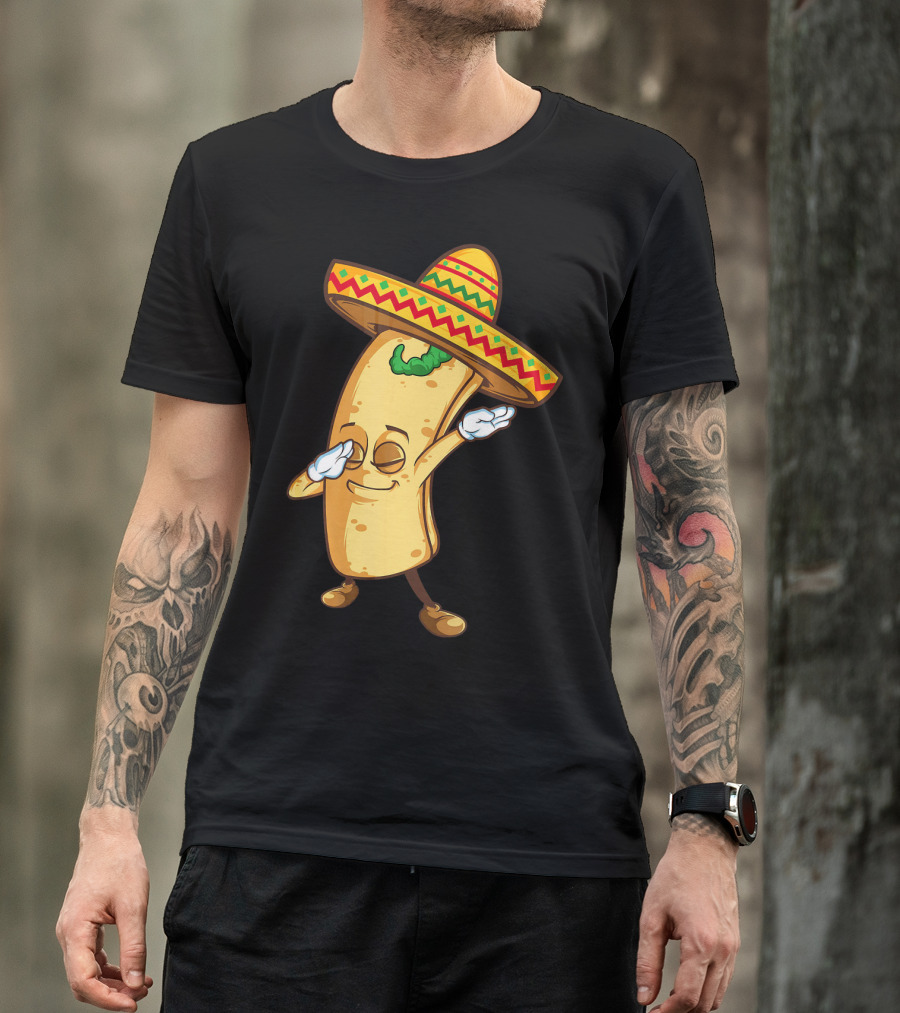 Funny Dabbing Burrito Mexican Cinco De Mayo Sombrero Cartoon T-Shirt