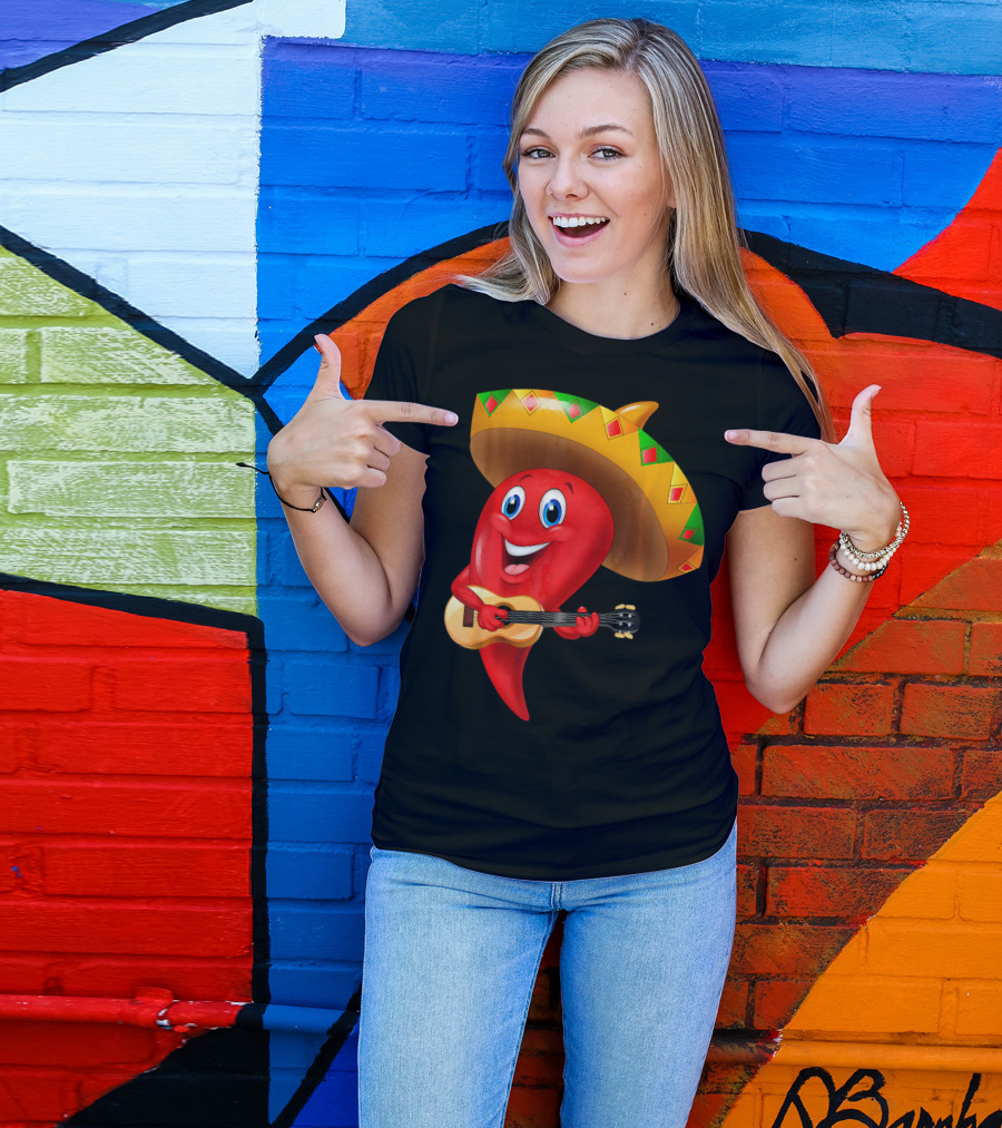 Cute Chili Pepper Wearing Sombrero Playing Guitar Mexico T-Shirt