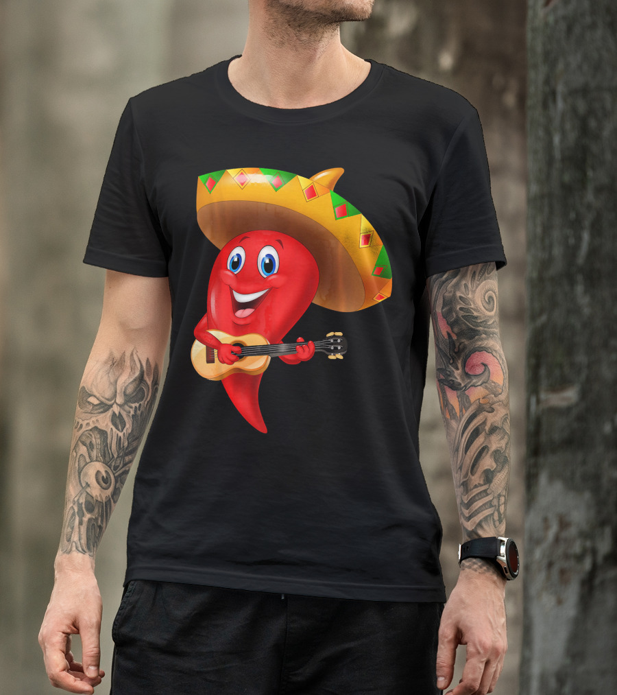 Cute Chili Pepper Wearing Sombrero Playing Guitar Mexico T-Shirt