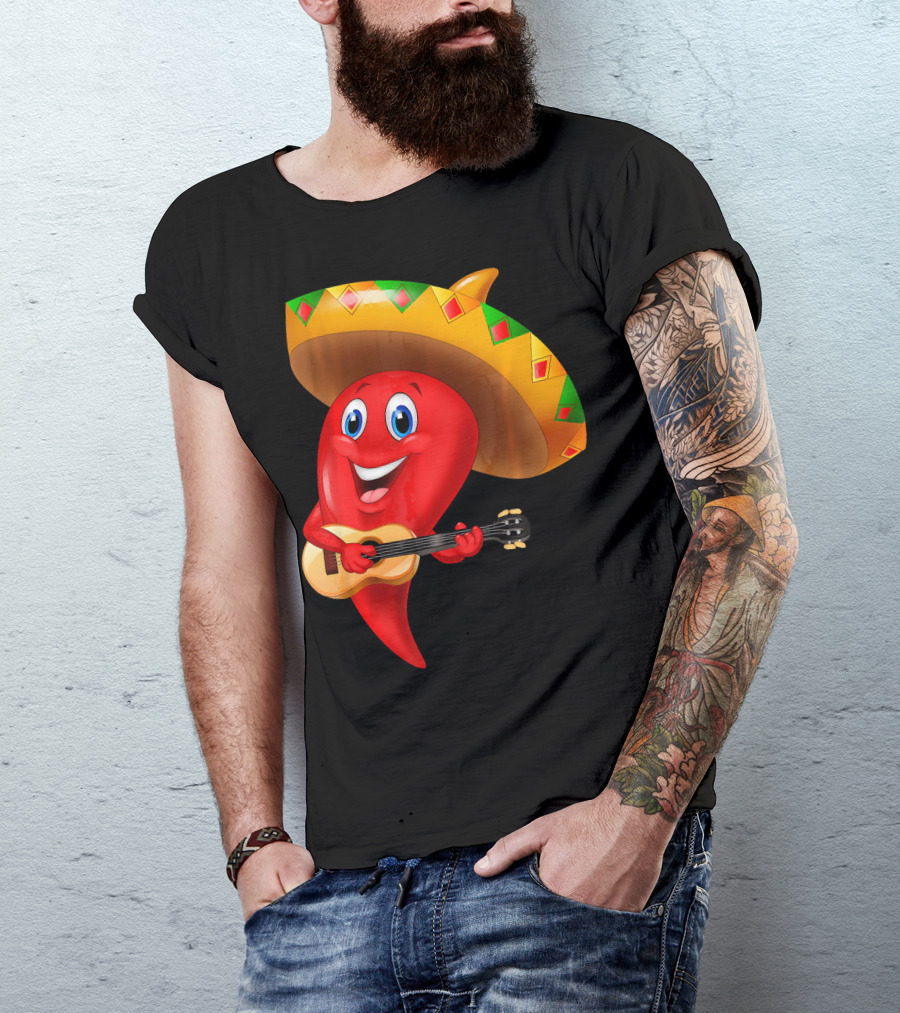 Cute Chili Pepper Wearing Sombrero Playing Guitar Mexico T-Shirt