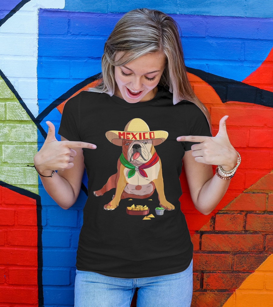 Cinco De Mayo Mexican Bulldog Wearing Sombrero With Chips And Salsa T-Shirt