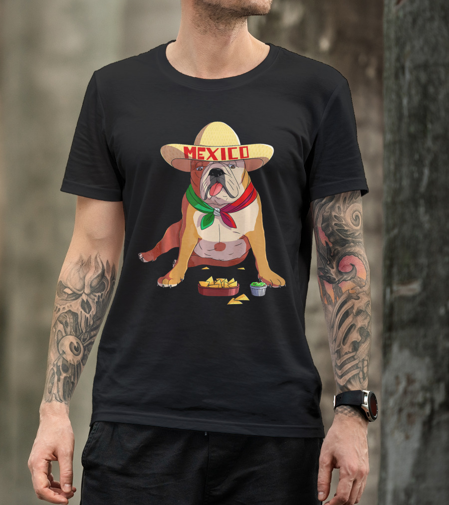 Cinco De Mayo Mexican Bulldog Wearing Sombrero With Chips And Salsa T-Shirt