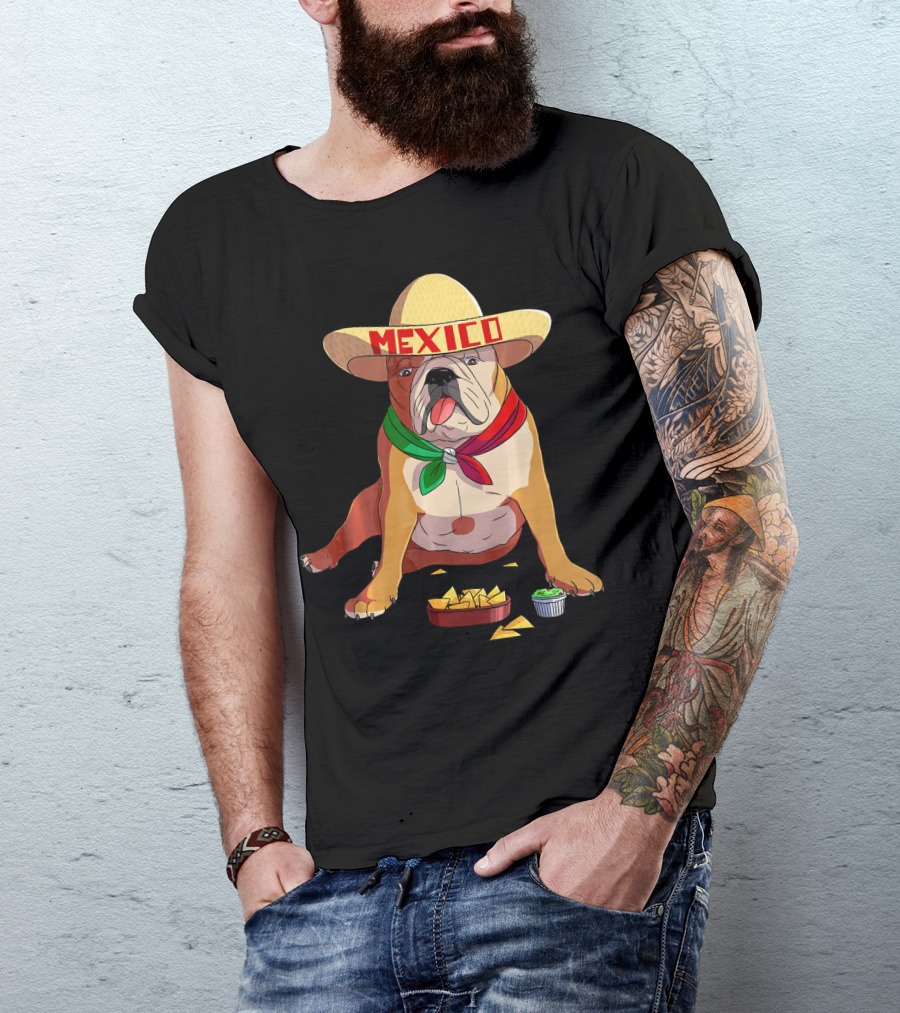 Cinco De Mayo Mexican Bulldog Wearing Sombrero With Chips And Salsa T-Shirt