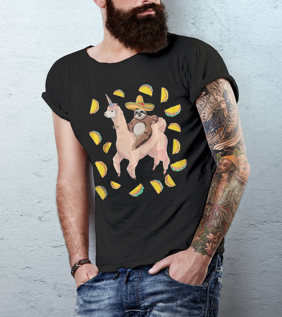 Cinco De Mayo Llamacorn With Sombrero-Wearing Sloth Surrounded By Tacos T-Shirt