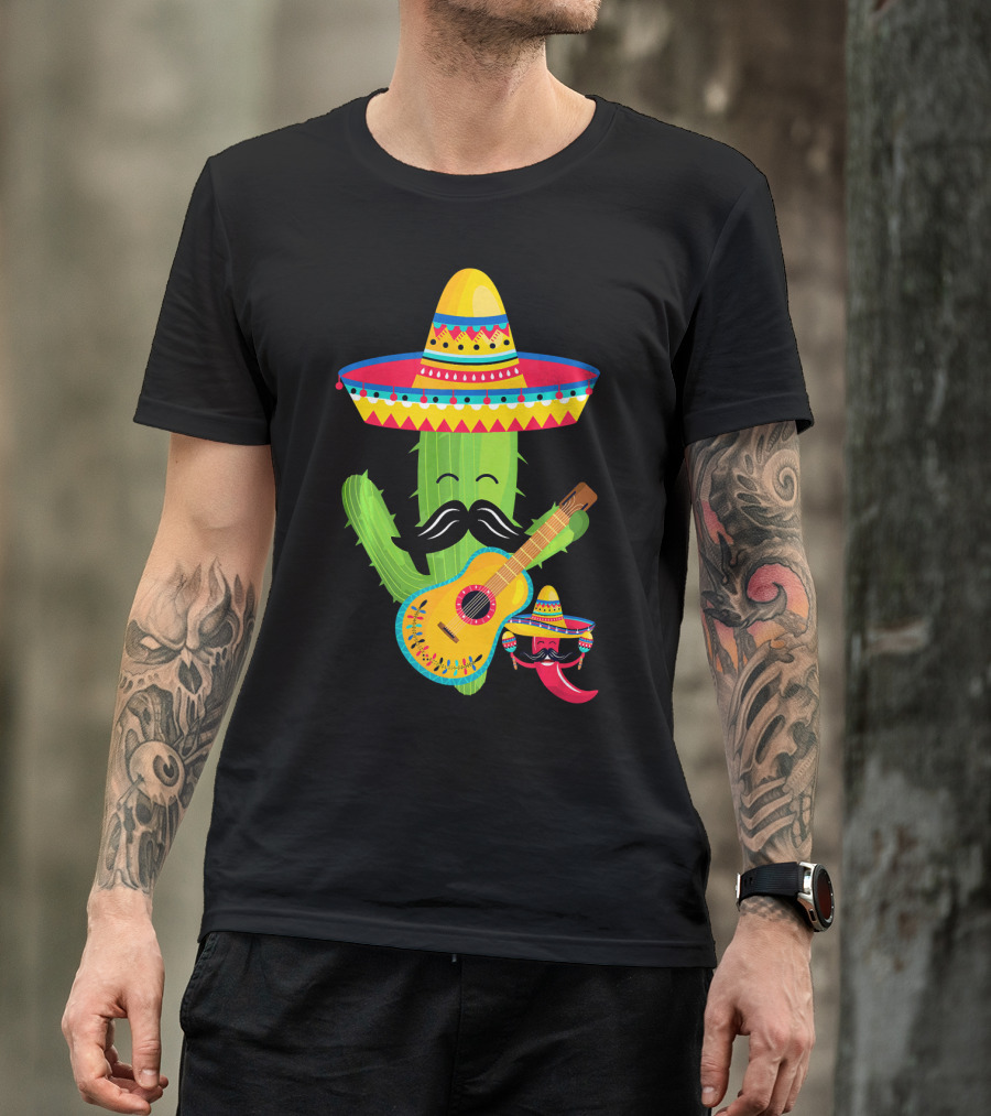 Cute Mustache Cactus With Sombrero Playing Guitar Mexican Fiesta Fun T-Shirt
