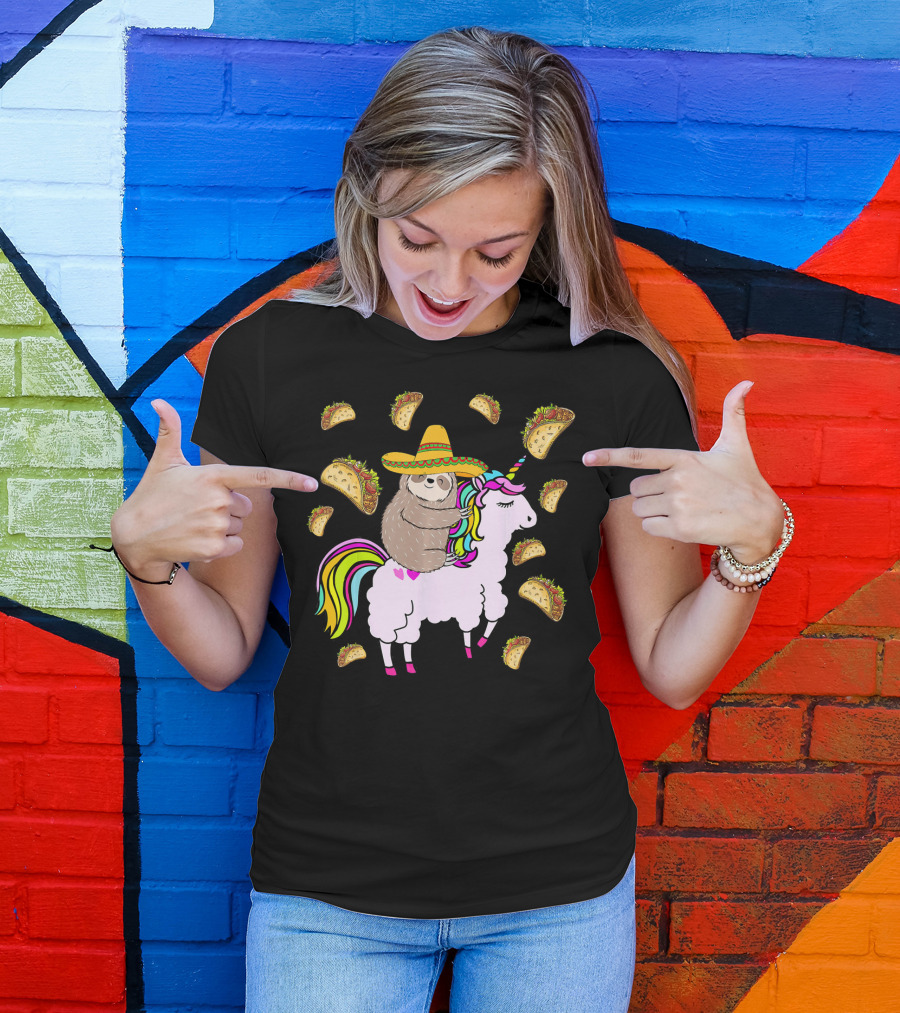 Sloth Riding Llamacorn Unicorn Cinco De Mayo Taco Fiesta T-Shirt