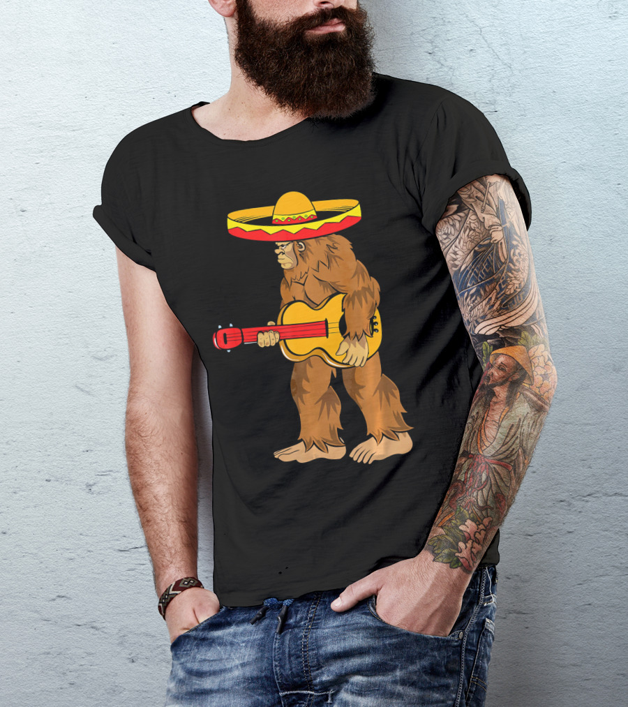 Bigfoot Carrying Guitar Cinco De Mayo Sombrero T-Shirt