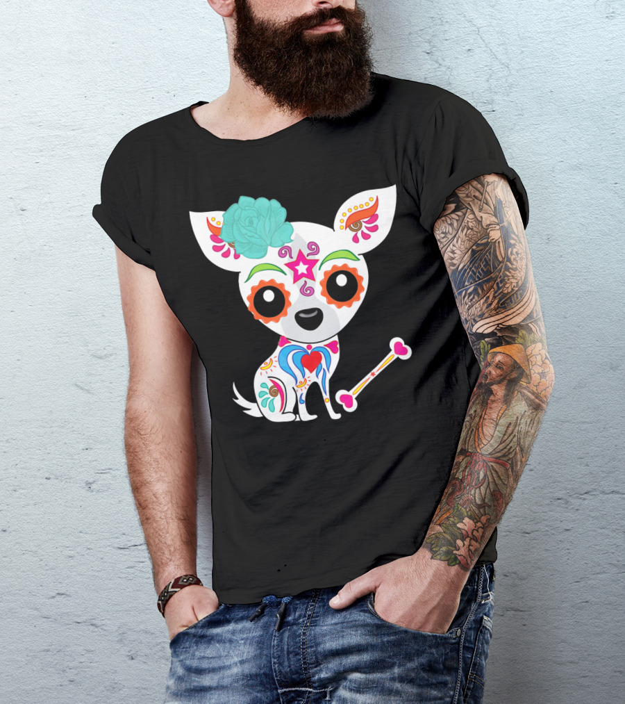 Cinco De Mayo Sugar Skull Chihuahua With Floral Bone And Colorful Flower T-Shirt
