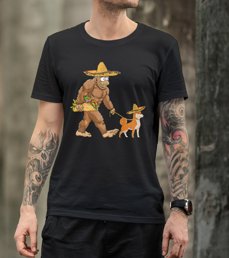 Bigfoot Taco Sombrero Shiba Inu Dog Cinc Walking Cartoon T-Shirt