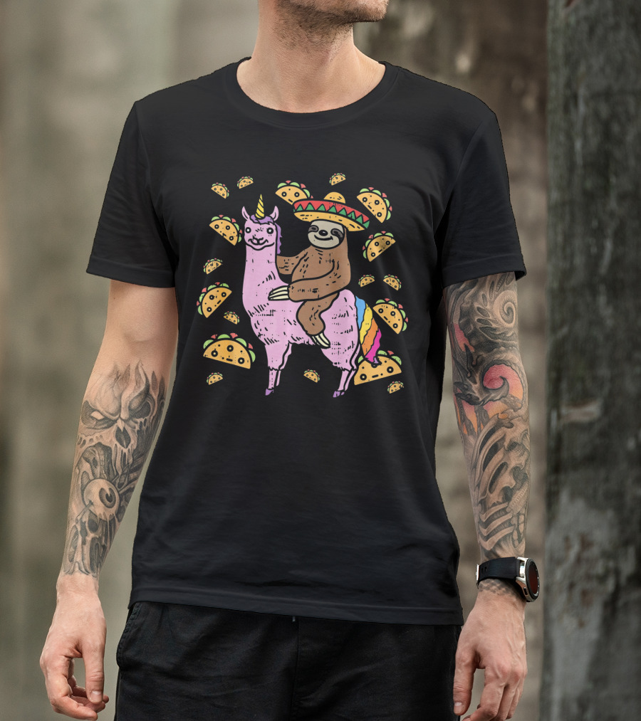 Cinco De Mayo Llamacorn With Sombrero Sloth Surrounded By Tacos T-Shirt
