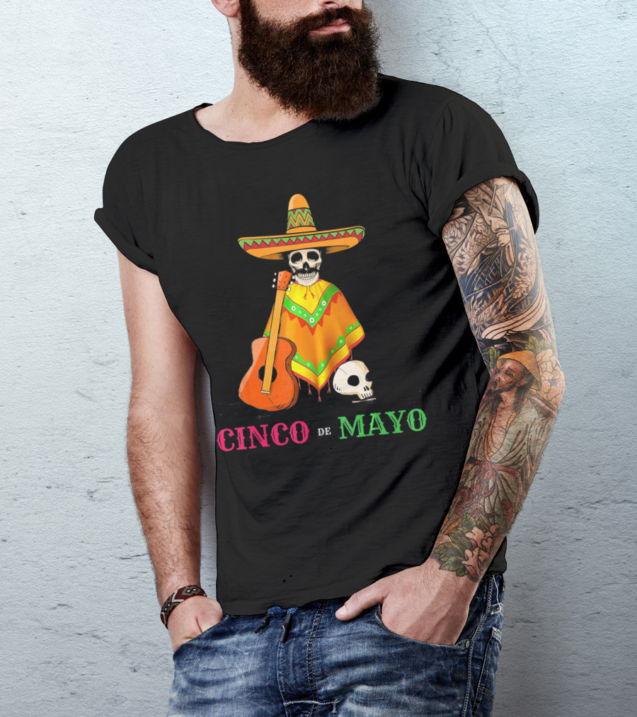 Cinco De Mayo Sombrero Skull Poncho Guitar T-Shirt