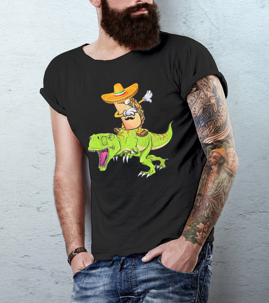 Dabbing Taco Sombrero On T-Rex Dinosaur T-Shirt