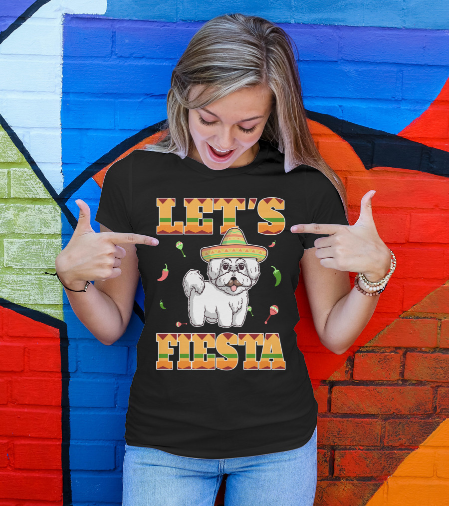 Let's Fiesta Bichon Frise Dog Cinco De Mayo Sombrero Peppers Maracas T-Shirt