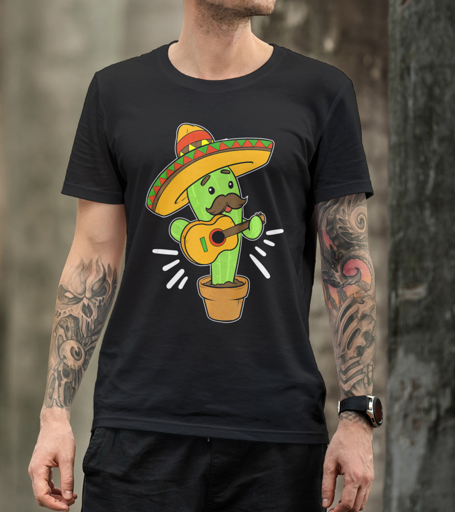 Cinco De Mayo Cactus Playing Guitar With Sombrero T-Shirt