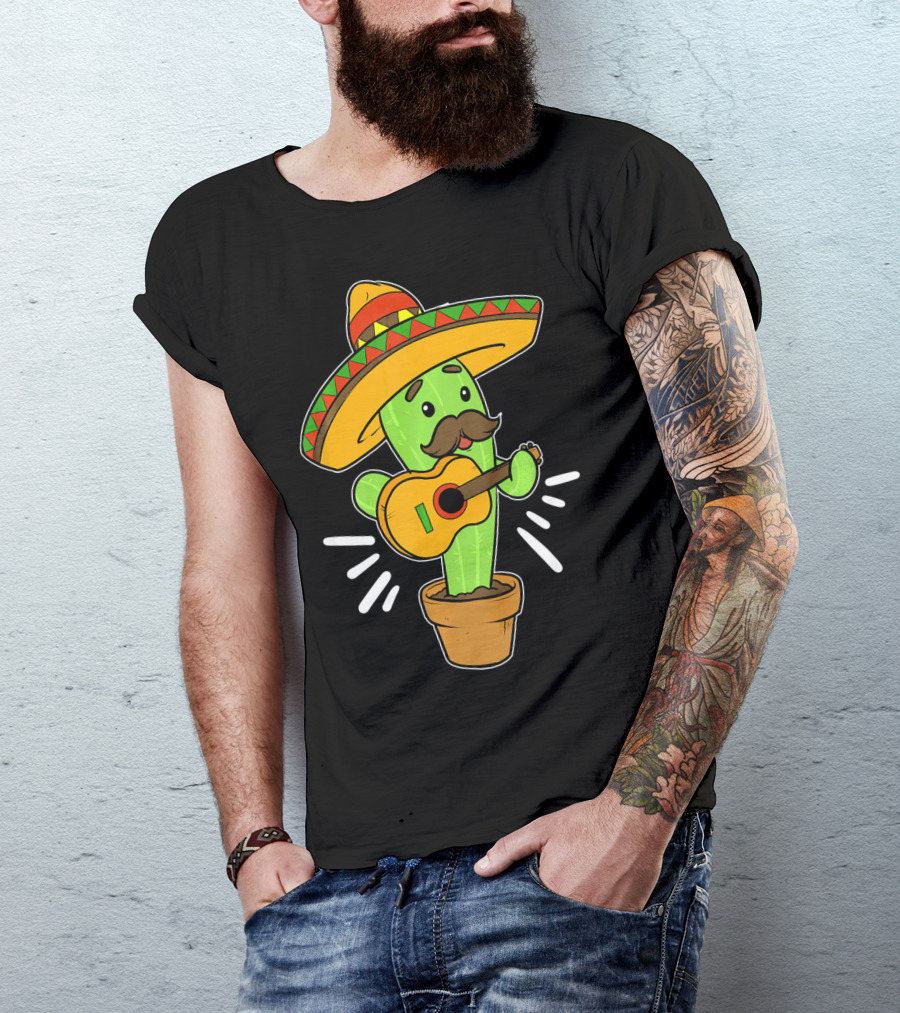 Cinco De Mayo Cactus Playing Guitar With Sombrero T-Shirt