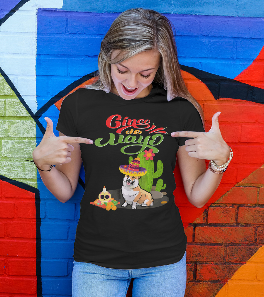 Cinco De Mayo Corgi Dog Fiesta With Sombrero And Cactus T-Shirt