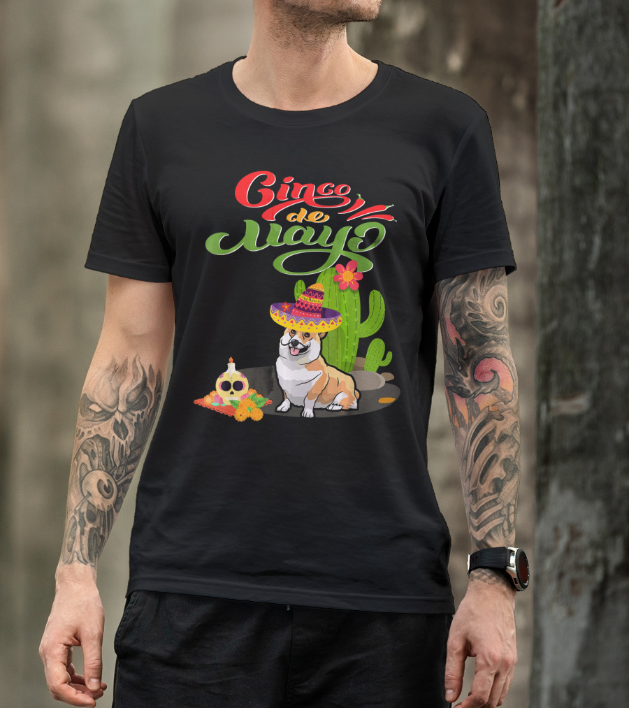Cinco De Mayo Corgi Dog Fiesta With Sombrero And Cactus T-Shirt