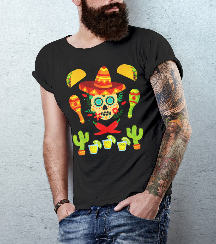 Fiesta Cinco De Mayo Sombrero Cactus Maracas Tacos Skull Peppers Shots Lime T-Shirt