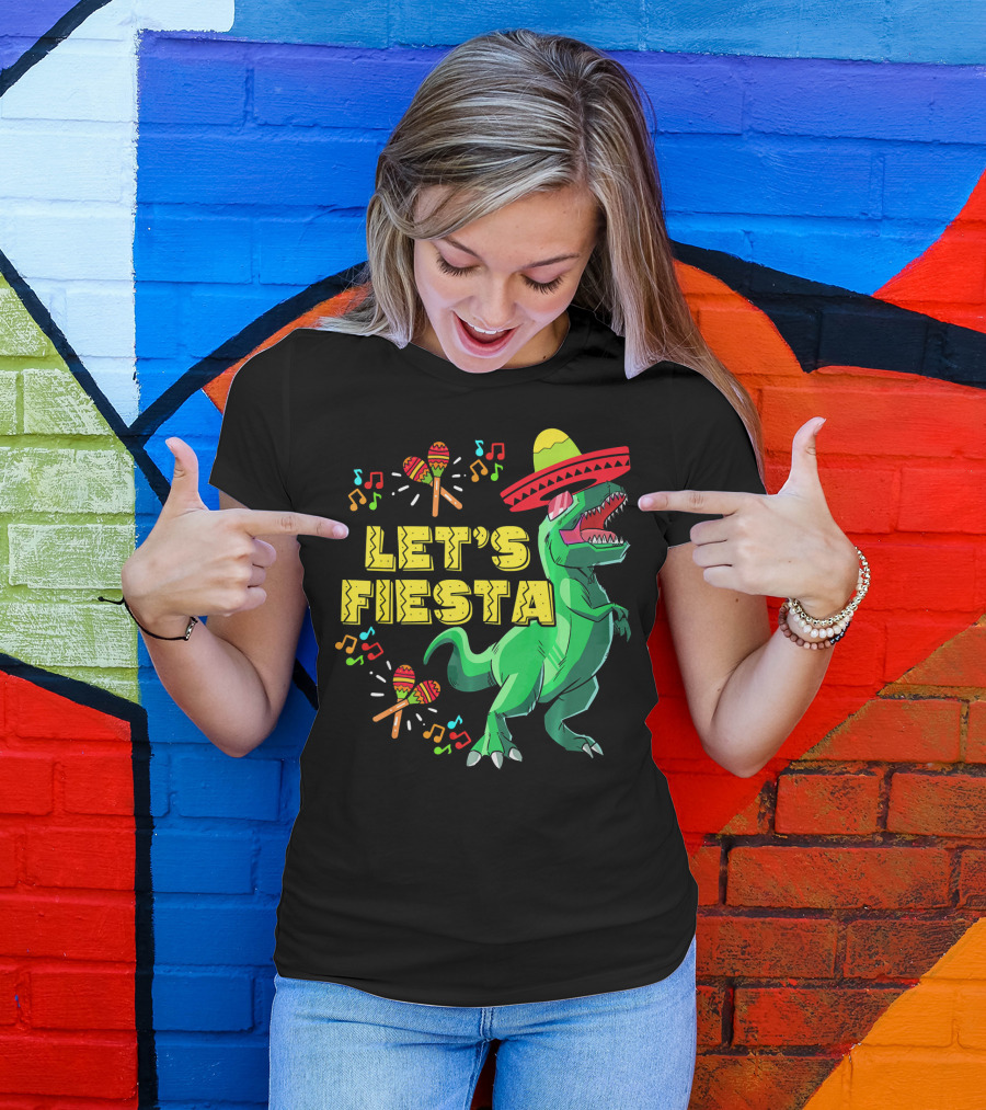 Let's Fiesta Cinco De Mayo Dino Sombrero Maracas Music Notes T-Shirt