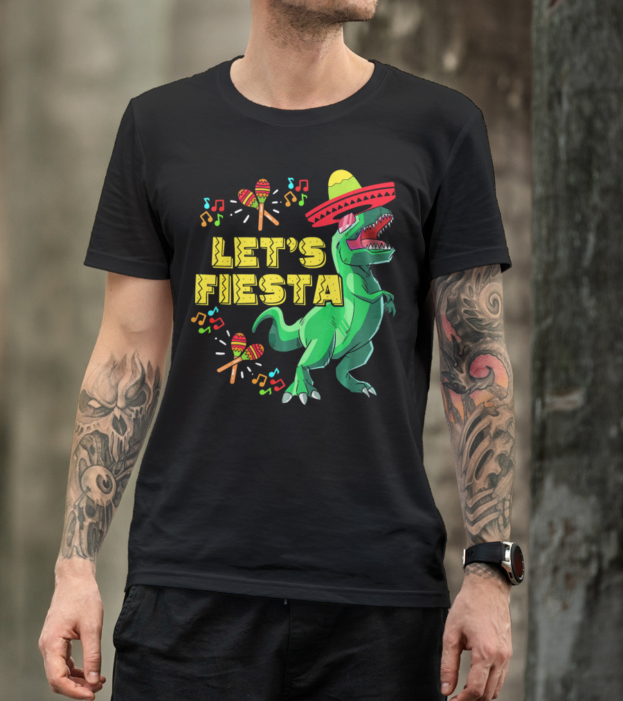 Let's Fiesta Cinco De Mayo Dino Sombrero Maracas Music Notes T-Shirt