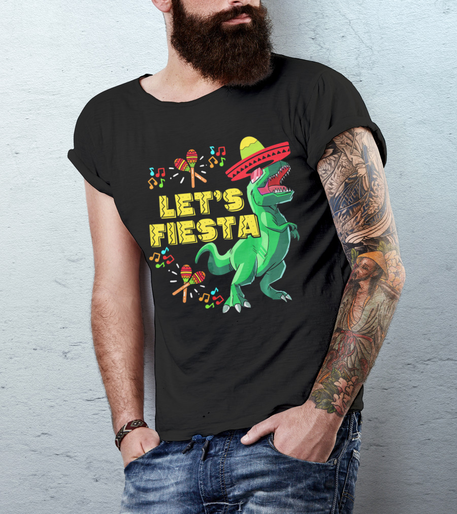 Let's Fiesta Cinco De Mayo Dino Sombrero Maracas Music Notes T-Shirt