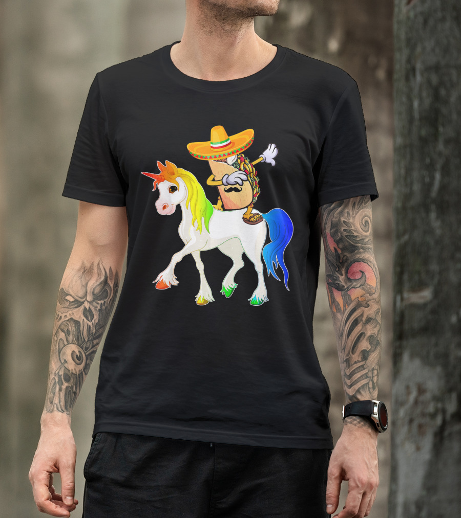 Dabbing Taco Sombrero With Mustache Riding Colorful Unicorn Fun T-Shirt