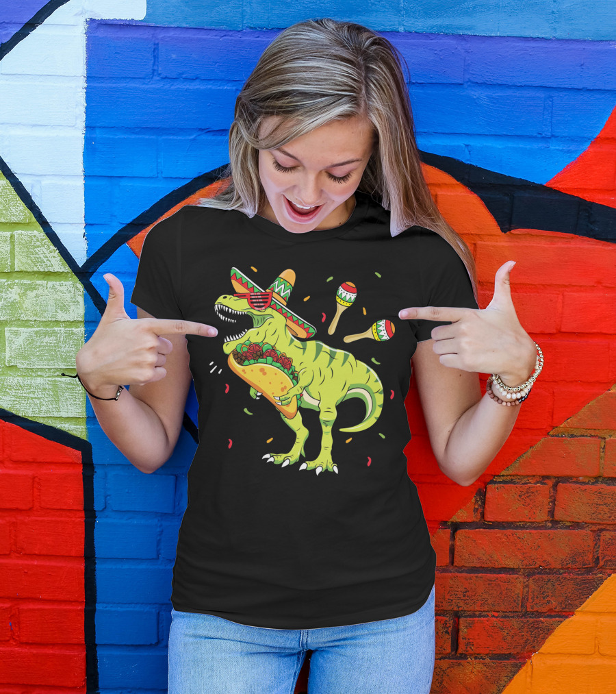 Cinco De Mayo T Rex With Sombrero Maracas And Taco T-Shirt