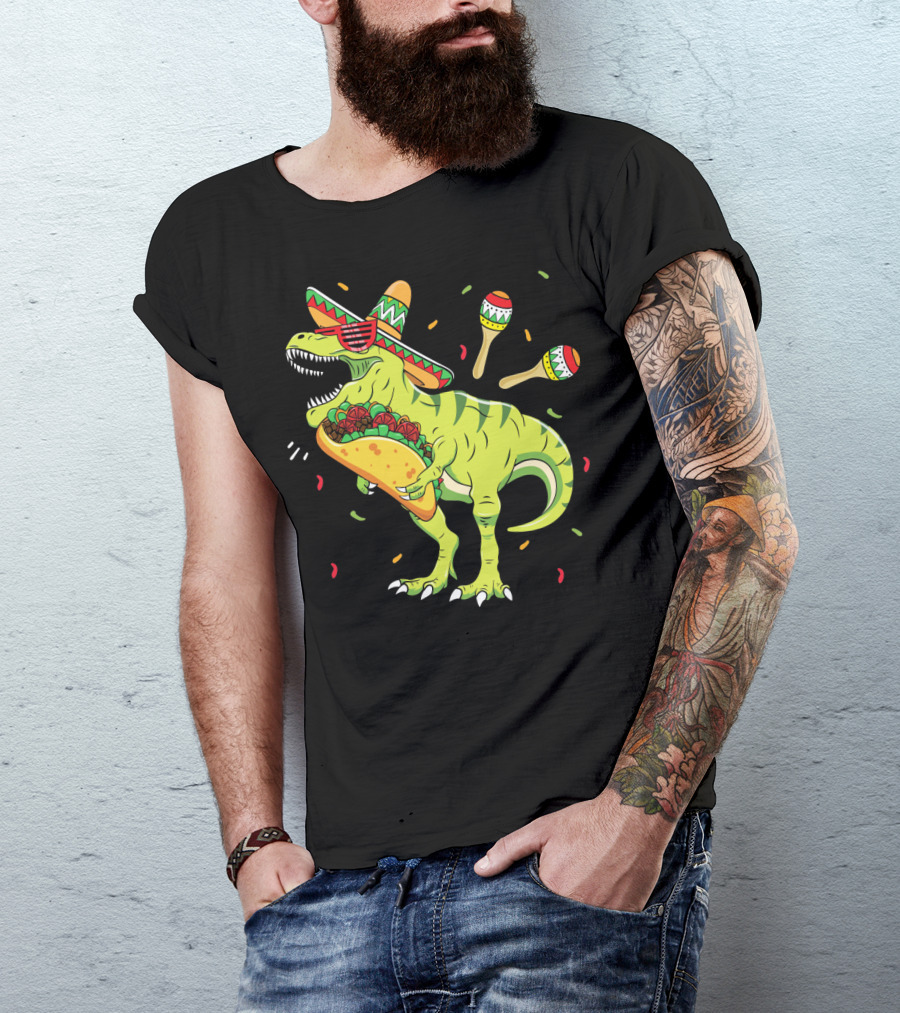 Cinco De Mayo T Rex With Sombrero Maracas And Taco T-Shirt