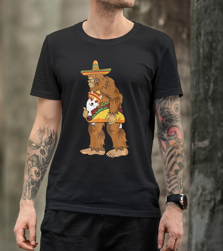 Bigfoot Sombrero Carry Corgi Taco Cinco De Mayo Humor T-Shirt