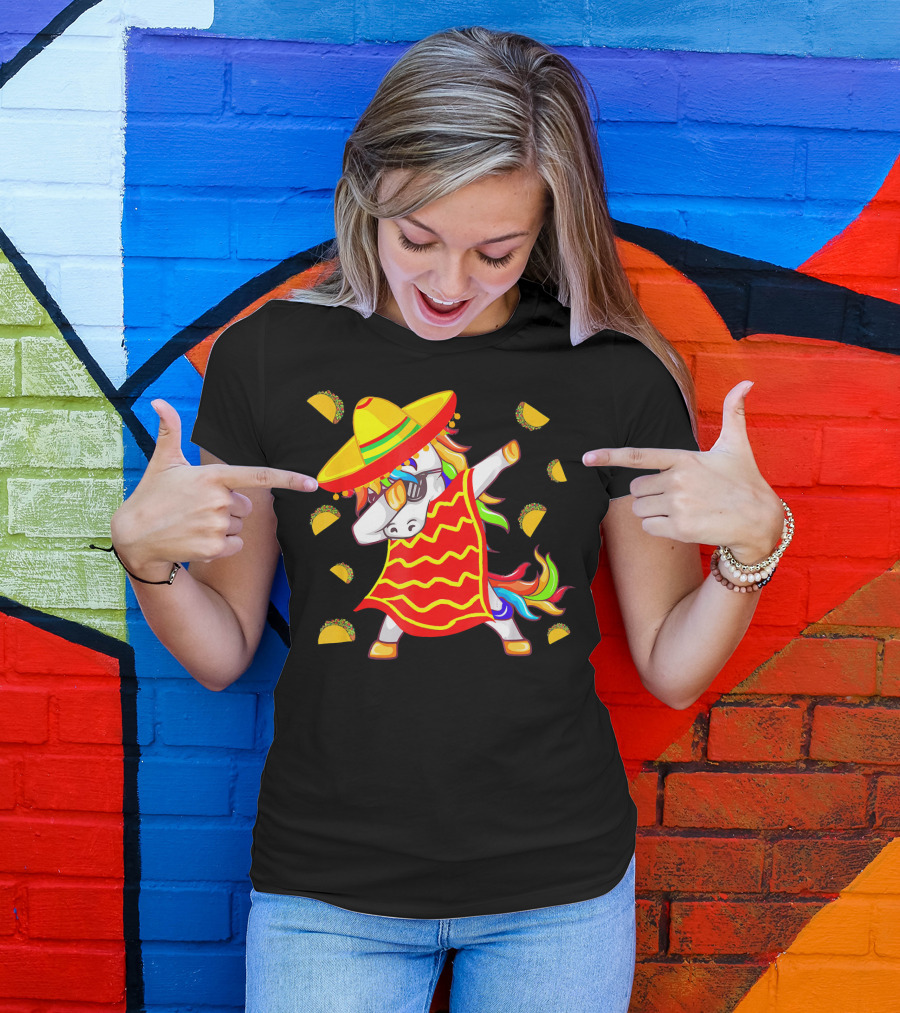 Unicorn Dabbing In Mexican Poncho With Sombrero Surrounded By Tacos T-Shirt