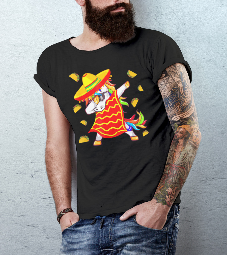 Unicorn Dabbing In Mexican Poncho With Sombrero Surrounded By Tacos T-Shirt