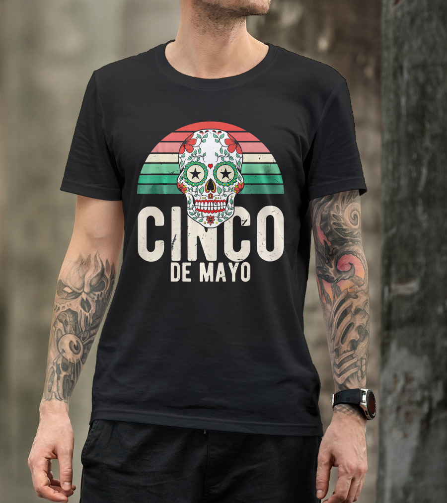 Cinco De Mayo Sugar Skull Retro Stripes T-Shirt