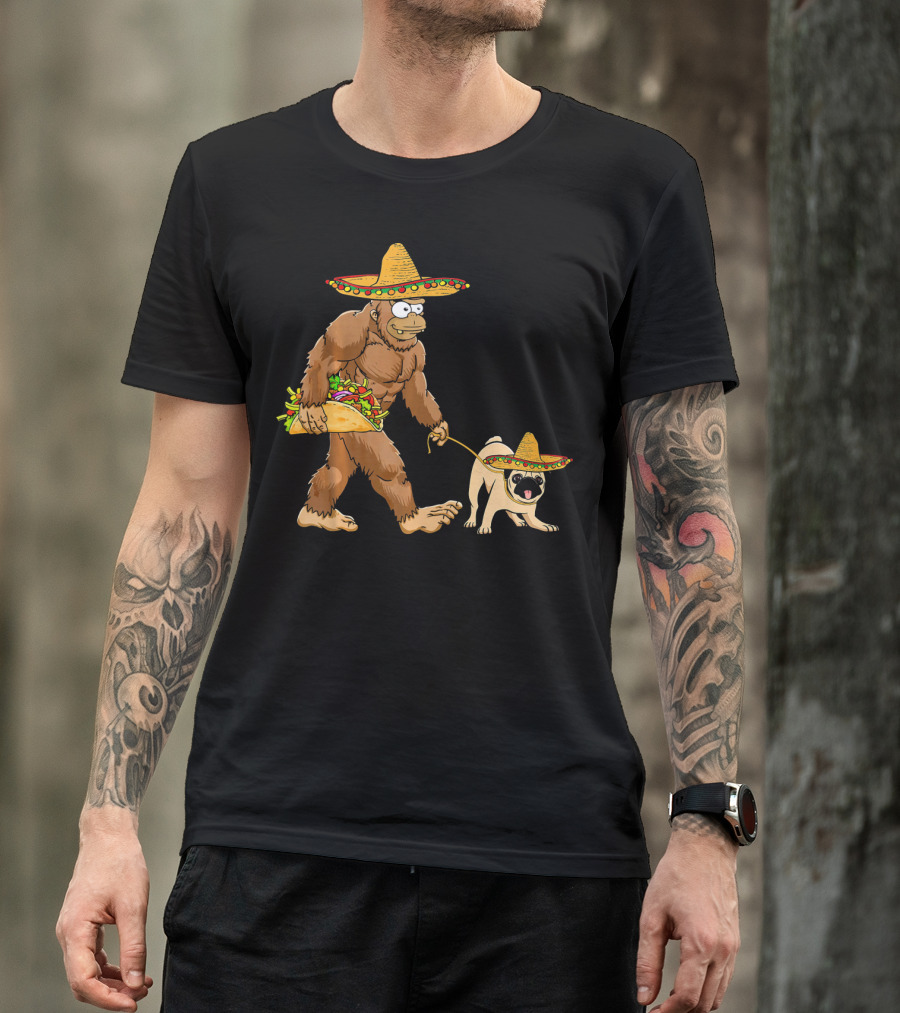 Bigfoot Sombrero Taco Pug Dog Cinco De Mayo T-Shirt