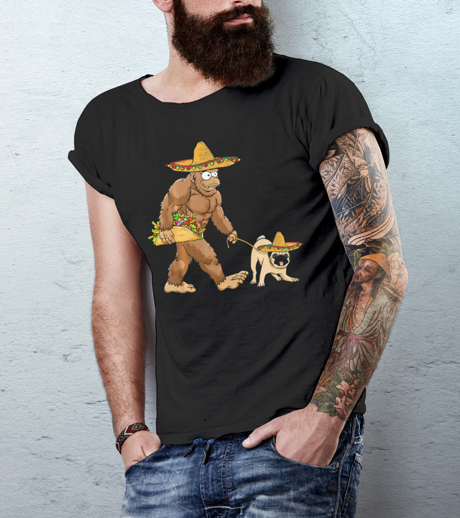 Bigfoot Sombrero Taco Pug Dog Cinco De Mayo T-Shirt