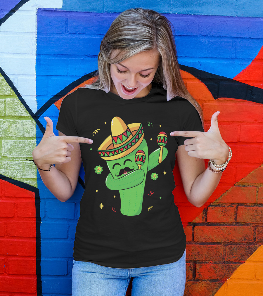 Cinco De Mayo Cactus Dabbing With Sombrero And Maracas T-Shirt
