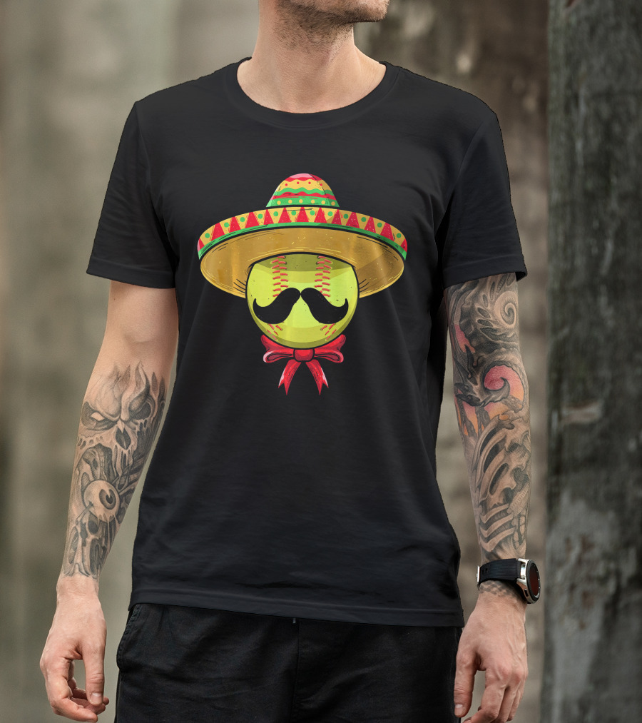 Cinco De Mayo Mexican Sombrero Softball Mustache Red Bow T-Shirt