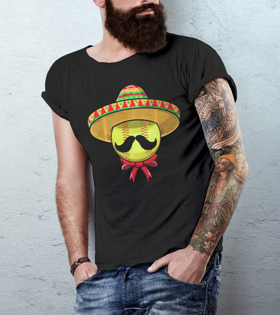 Cinco De Mayo Mexican Sombrero Softball Mustache Red Bow T-Shirt