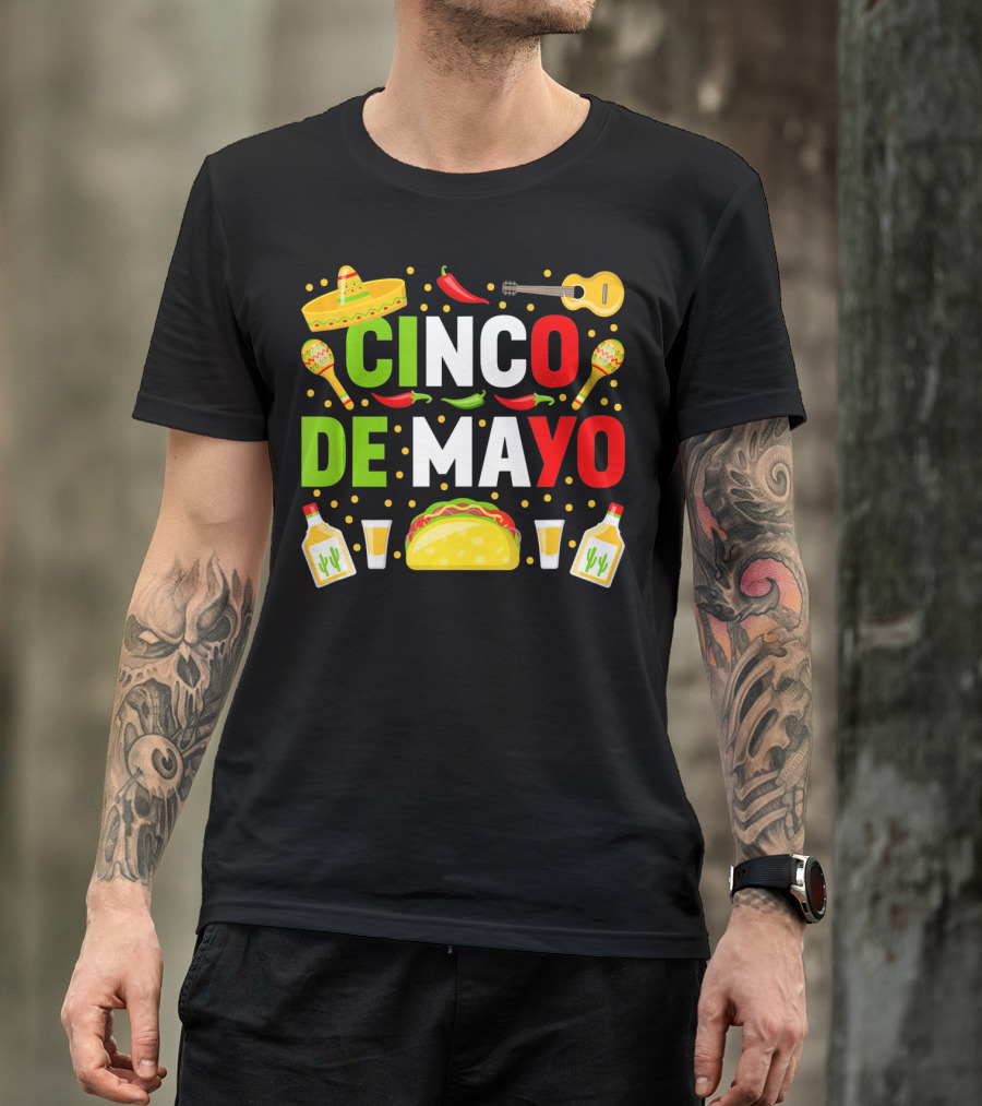 Cinco De Mayo Celebration Taco Maracas Sombrero Guitar Tequila Fiesta T-Shirt