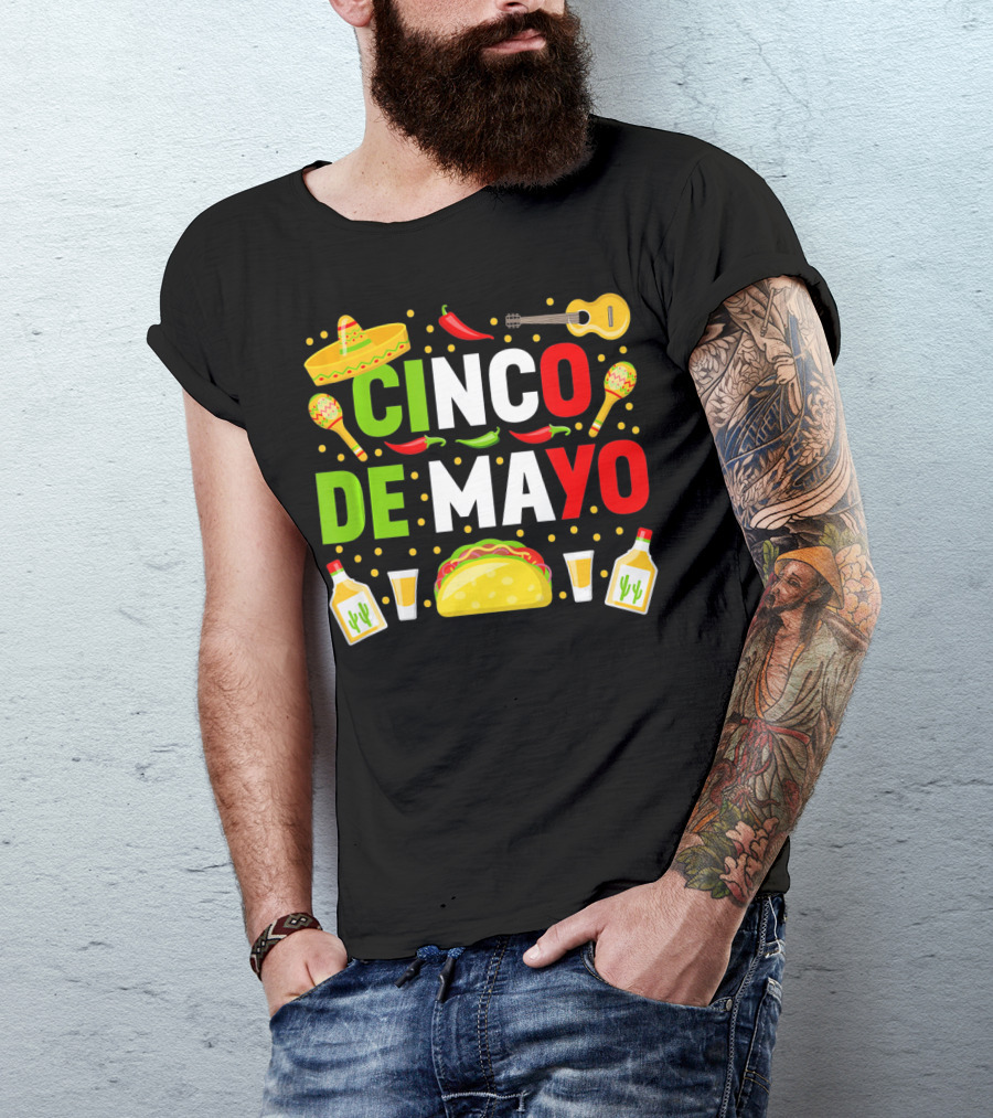 Cinco De Mayo Celebration Taco Maracas Sombrero Guitar Tequila Fiesta T-Shirt