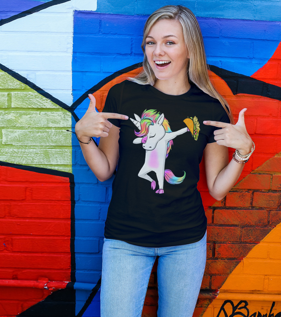 Unicorn Dabbing With Rainbow Mane Holding Tacos T-Shirt