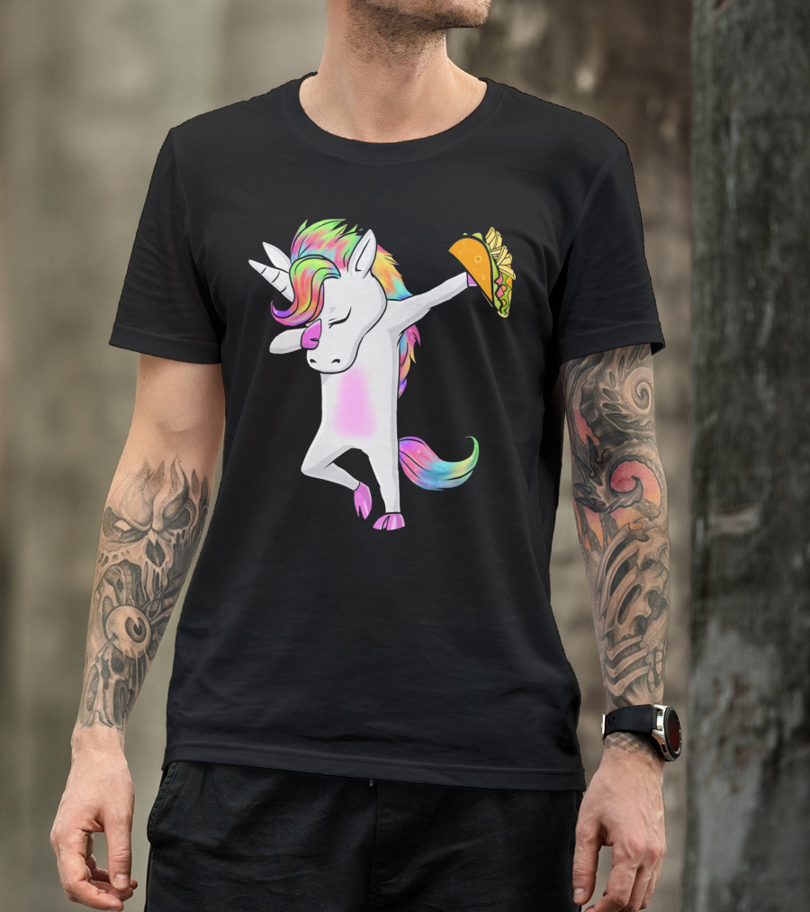 Unicorn Dabbing With Rainbow Mane Holding Tacos T-Shirt