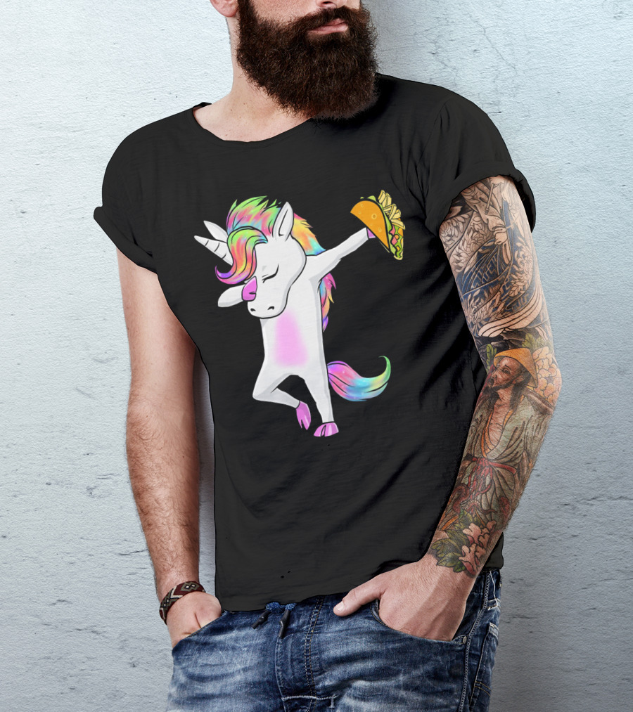 Unicorn Dabbing With Rainbow Mane Holding Tacos T-Shirt