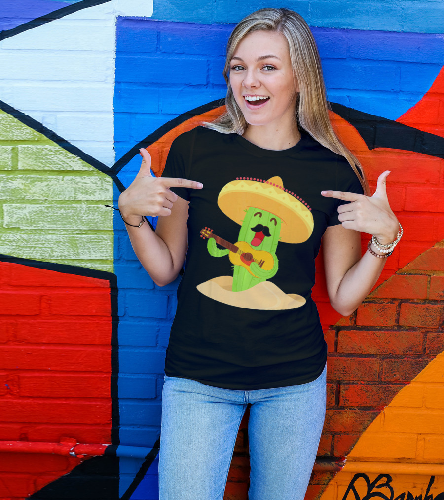Happy Cinco De Mayo Cactus Guitarist With Sombrero T-Shirt