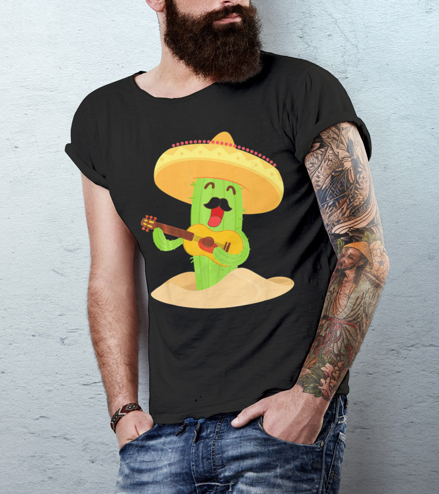 Happy Cinco De Mayo Cactus Guitarist With Sombrero T-Shirt