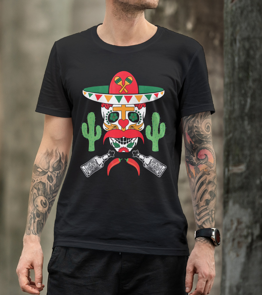 Cinco De Mayo Sugar Skull Sombrero Cactus With Tequila And Peppers T-Shirt