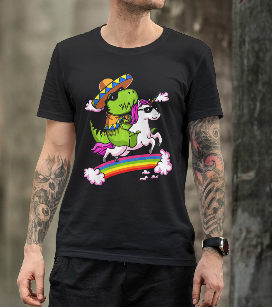 T Rex Dinosaur Riding Unicorn Cinco De Mayo Rainbow Sombrero Sunglasses T-Shirt