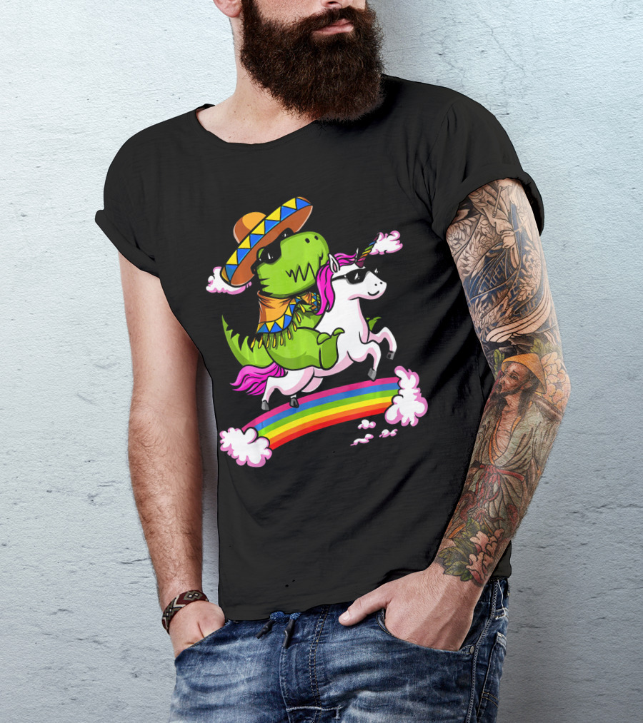 T Rex Dinosaur Riding Unicorn Cinco De Mayo Rainbow Sombrero Sunglasses T-Shirt