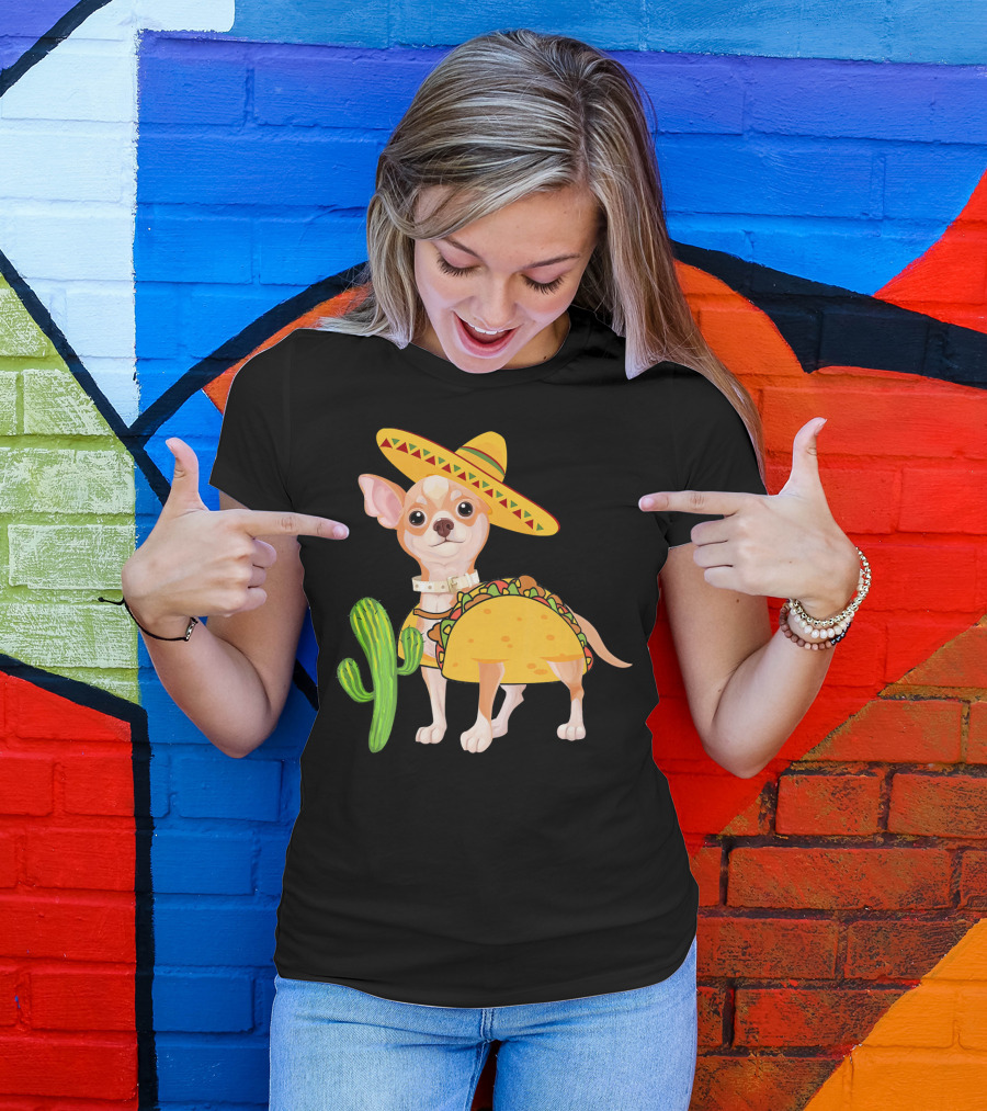 Funny Cinco De Mayo Fiesta Mexican Chihuahua Taco Sombrero Cactus T-Shirt